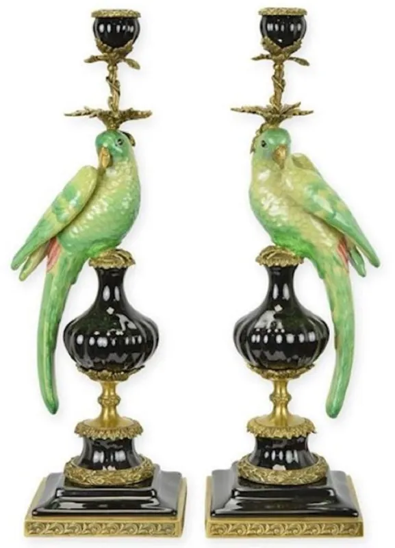 Casa Padrino Jugendstil Kerzenhalter Set Papageien Grün / Schwarz / Messing 16,1 x 12,8 x H. 48 cm - Porzellan Kerzenständer - Hotel & Restaurant Accessoires - Barock & Jugendstil Deko Accessoires Top-Angebot