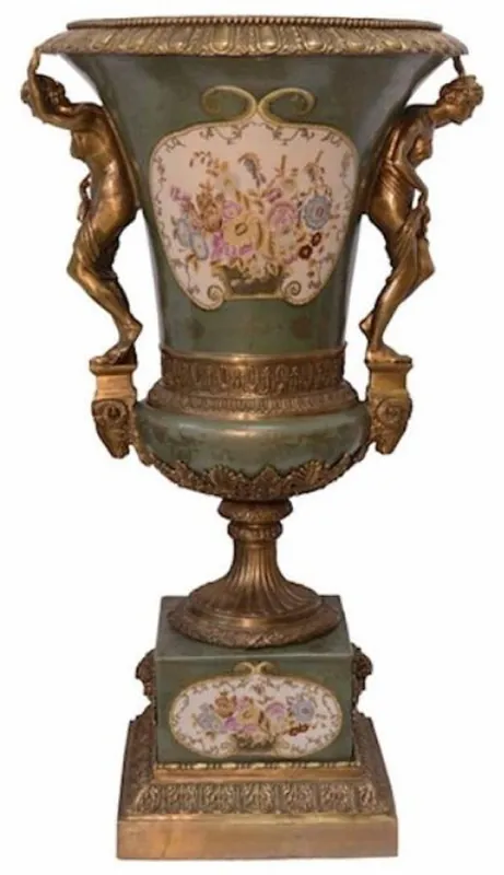 Markenware Casa Padrino Luxus Barock Porzellan Vase Grün / Mehrfarbig / Antik Bronze 57,3 x 53,5 x H. 100,5 cm - Prunkvolle Porzellan Blumenvase - Porzellan Deko Accessoires im Barockstil