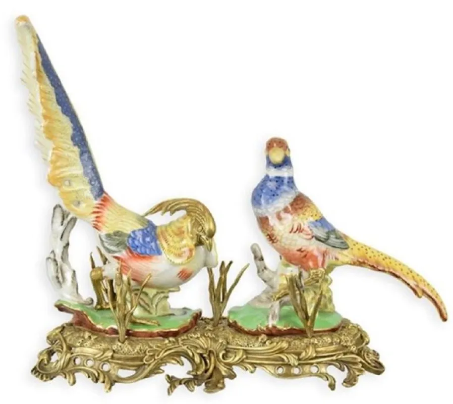 Letzte Chance Casa Padrino Jugendstil Porzellan Deko Fasane Mehrfarbig / Messing 39 x 18,3 x H. 32,5 cm - Schreibtisch Deko - Barock & Jugendstil Deko Accessoires