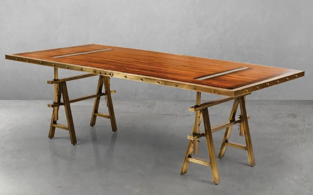 Casa Padrino Luxus Vintage Industrie Stil Esstisch Braun / Messing 226,5 x 111 x H. 75,5 cm - Rechteckiger Esszimmertisch mit Massivholz Tischplatte - Luxus Vintage Industrie Stil Esszimmer Möbel Preisreduziert