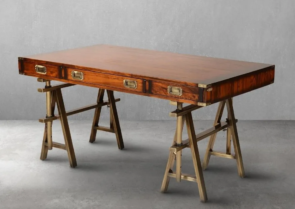 Günstig Casa Padrino Luxus Vintage Industrie Stil Schreibtisch Braun / Messing 149 x 85 x H. 77,5 cm - Bürotisch mit 3 Schubaden - Luxus Vintage Industrie Stil Büro Möbel