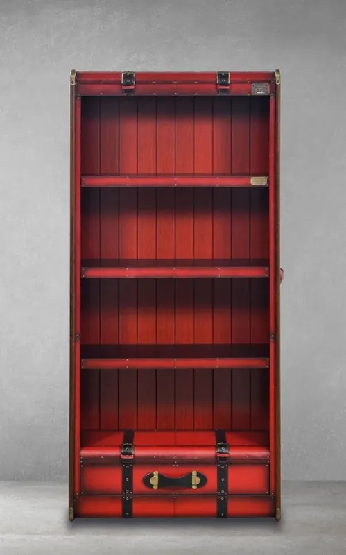Expressversand Casa Padrino Luxus Regalschrank in Koffer Optik Rot / Schwarz / Braun / Messing 84 x 35 x H. 187,5 cm - Massivholz Schrank mit Echtleder - Büro Schrank - Büro Möbel - Luxus Möbel in Koffer Optik