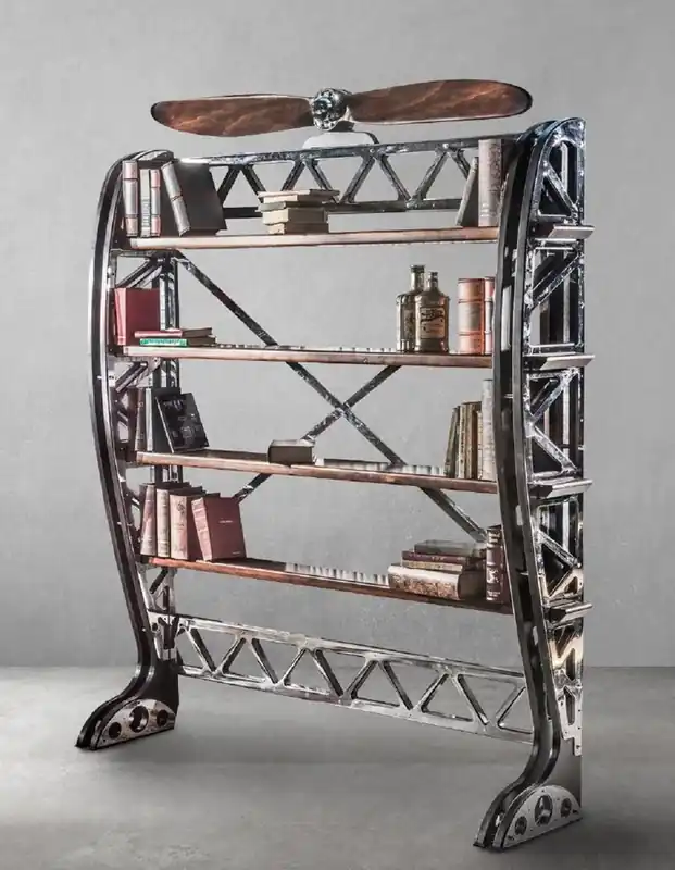 Preis Gesenkt Casa Padrino Luxus Industrie Stil Bücherschrank Silber / Schwarz / Braun 171 x 29,5 x H. 208,5 cm - Metall Schrank mit dekorativem Flugzeug Propeller - Büroschrank - Luxus Industrie Stil Möbel