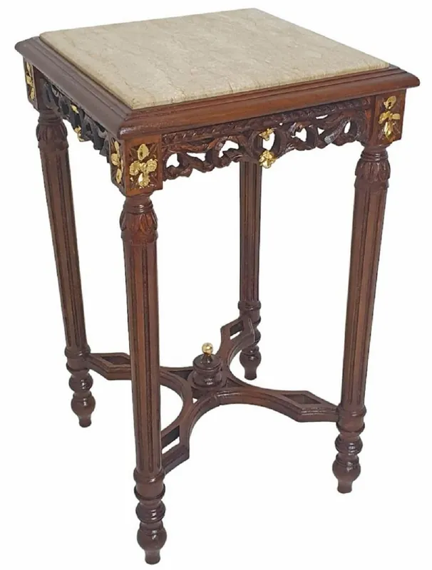 Casa Padrino Barock Beistelltisch Braun / Gold / Creme - Quadratischer Barockstil Massivholz Tisch mit Marmorplatte - Wohnzimmer Möbel im Barockstil - Barock Möbel Bestseller