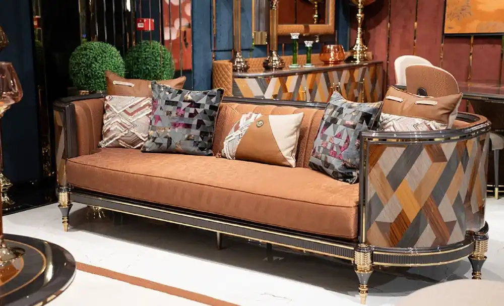 Casa Padrino Luxus Art Deco Sofa Braun / Mehrfarbig / Grau / Gold - Wohnzimmer Sofa - Wohnzimmer Möbel - Art Deco Möbel - Luxus Möbel Neu