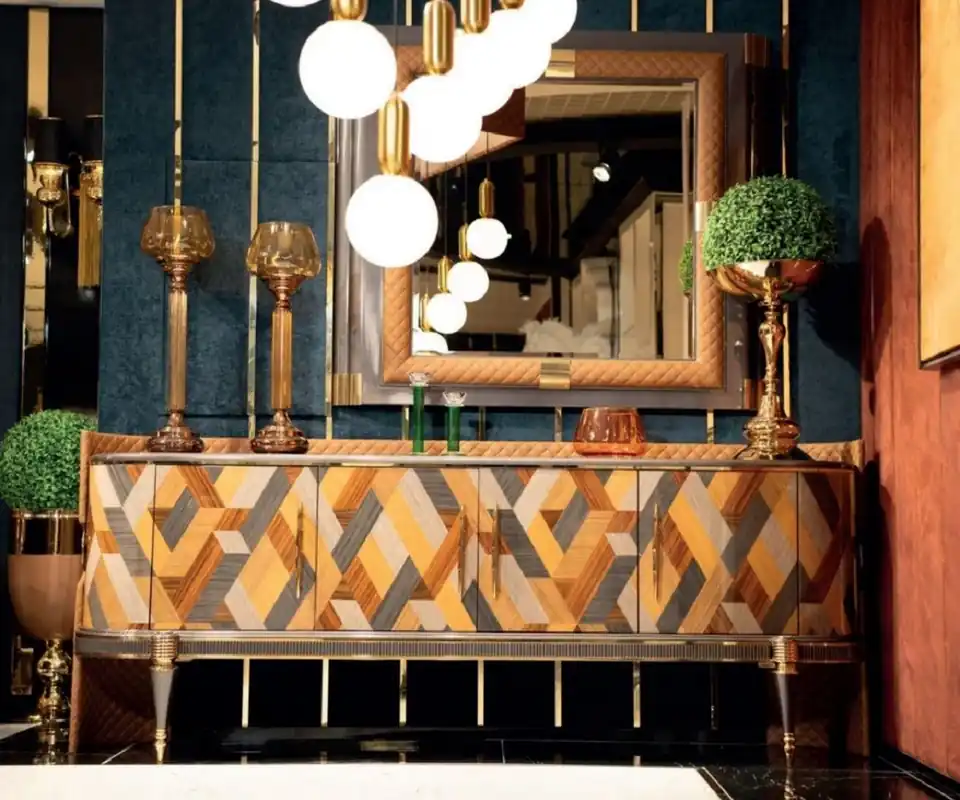 Casa Padrino Luxus Art Deco Möbel Set Mehrfarbig / Braun / Grau / Gold - 1 Luxus Art Deco Sideboard mit 4 Türen & 1 Luxus Art Deco Spiegel - Luxus Art Deco Möbel Mega-Angebot