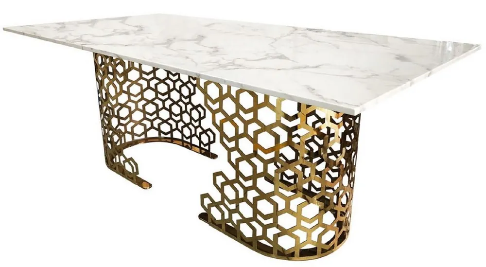 Sonderaktion Casa Padrino Luxus Esstisch Weiß / Gold 200 x 100 x H. 76 cm - Esszimmer Tisch mit Kunstmarmor Tischplatte - Esszimmer Möbel - Luxus Möbel - Luxus Einrichtung