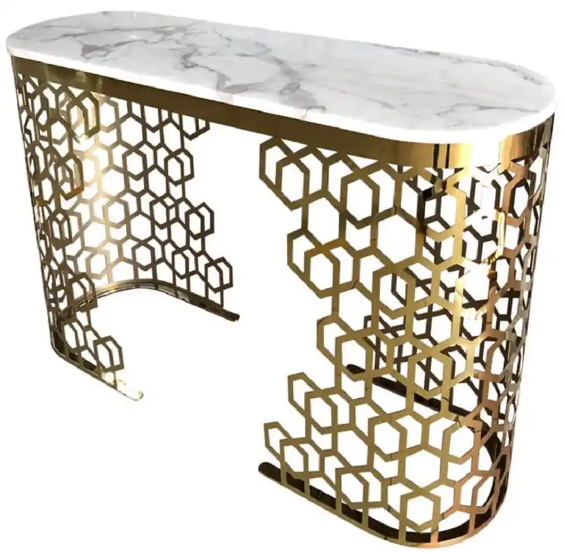 Casa Padrino Luxus Konsole Weiß / Gold 140 x 40 x H. 80 cm - Konsolentisch mit Kunstmarmor Tischplatte - Wohnzimmer Möbel - Luxus Möbel - Luxus Einrichtung Expressversand