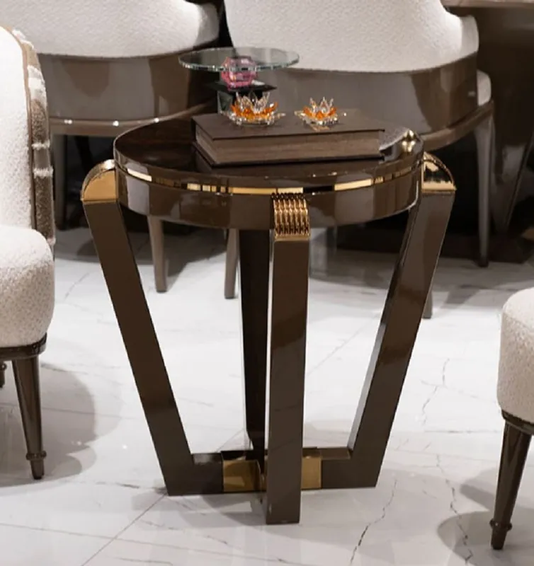 Abverkauf Casa Padrino Luxus Beistelltisch Braun / Gold - Runder Massivholz Beistelltisch - Wohnzimmer Möbel - Hotel Möbel - Luxus Möbel