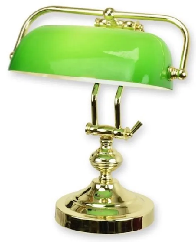 Casa Padrino Banker Schreibtischleuchte Gold / Grün 27 x 19 x H. 37,3 cm - Messing Tischleuchte mit Glas Lampenschirm - Banker Lampe Sonderangebot