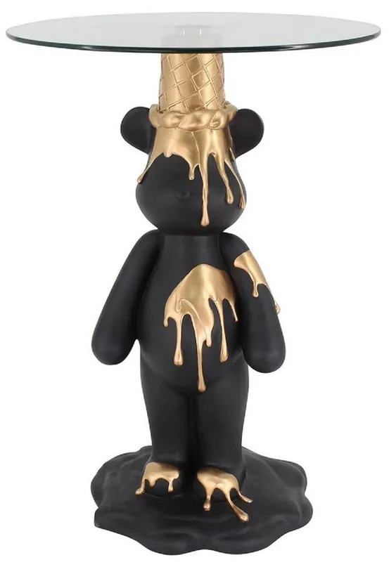 Casa Padrino Luxus Beistelltisch Bär Schwarz / Gold Ø 48,5 x H. 69 cm - Runder Kunstharz Tisch mit Glasplatte - Wohnzimmer Möbel - Luxus Möbel - Luxus Einrichtung - Wohnzimmer Einrichtung Expressversand