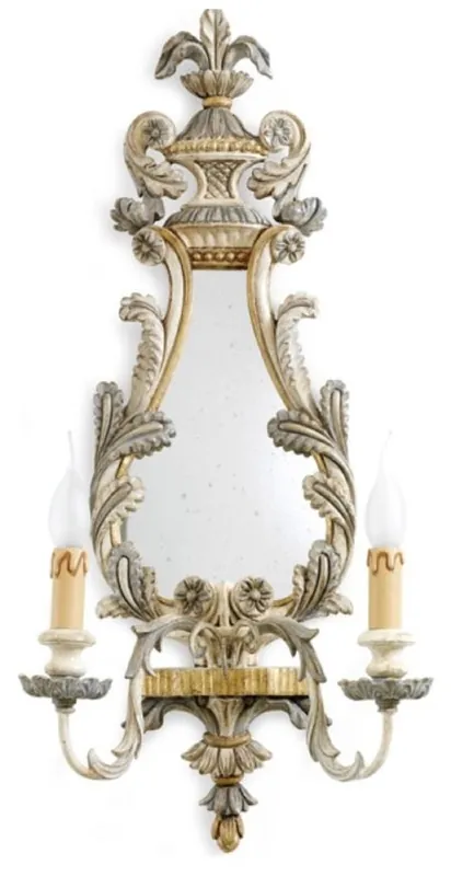 Casa Padrino Luxus Barock Doppel Wandleuchte mit Spiegel Antik Silber / Gold / Weiß 34 x 17 x H. 75 cm - Prunkvolle Wandlampe im Barockstil - Barock Leuchten - Luxus Qualität - Made in Italy Bestseller