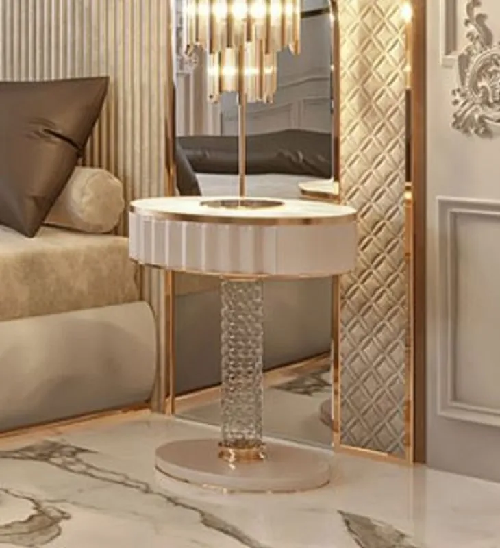 Kracherpreis Casa Padrino Luxus Art Deco Nachtkommode Weiß / Grau / Gold 60 x 45 x H. 66 cm - Nachttisch mit Schublade und Kunstmarmor Platte - Art Deco Schlafzimmer Möbel - Luxus Schlafzimmer Möbel