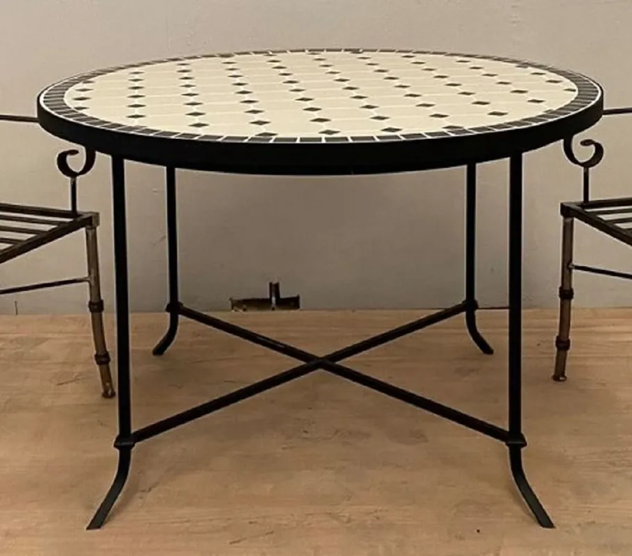 Begrenztes Angebot Casa Padrino Luxus Jugendstil Esstisch Creme / Schwarz Ø 120 x H. 75 cm - Runder handgefertigter Schmiedeeisen Gartentisch mit Keramik Mosaik Fliesen Tischplatte - Garten & Esszimmer Möbel