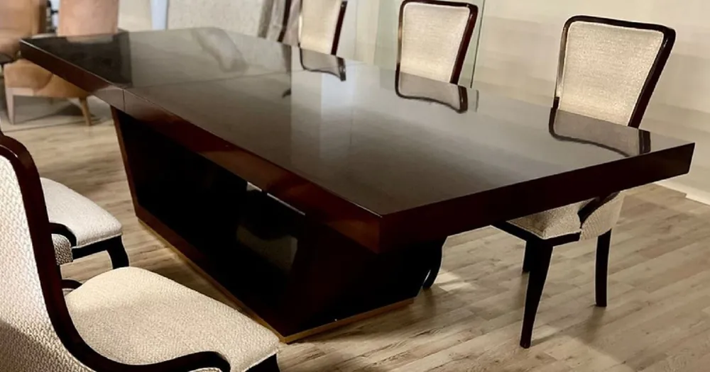 Markenprodukt Casa Padrino Luxus Esstisch Braun / Gold 300-400 x 110 x H. 78 cm - Ausziehbarer Massivholz Esszimmertisch - Italienische Luxus Esszimmer Möbel - Luxus Qualität - Made in Italy