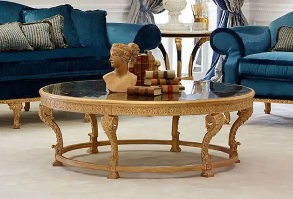 Casa Padrino Luxus Barock Couchtisch mit Marmorplatte Naturfarben / Schwarz - Runder Wohnzimmertisch im Barockstil - Barock Möbel - Edel & Prunkvoll - Luxus Qualität - Made in Italy Kracherpreis