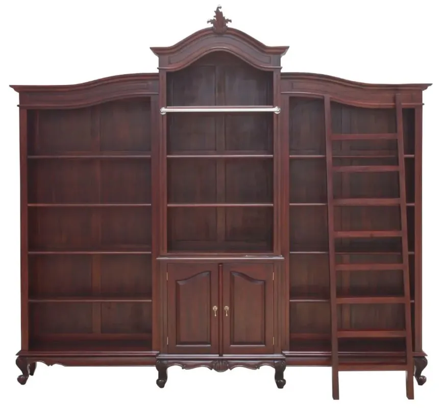 Sofort Bestellen Casa Padrino Luxus Barock Mahagoni Bücherschrank Dunkelbraun 280 x 47 x H. 245 cm - Prunkvoller Barockstil Schrank mit Leiter - Barock Büro Möbel - Edel & Prunkvoll