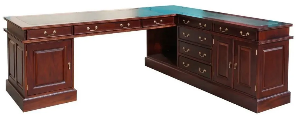 Casa Padrino Luxus Mahagoni Eckschreibtisch Dunkelbraun / Grün 225 x 200 x H. 80 cm - Massivholz Bürotisch - Mahagoni Büro Möbel - Luxus Büro Möbel Markenware