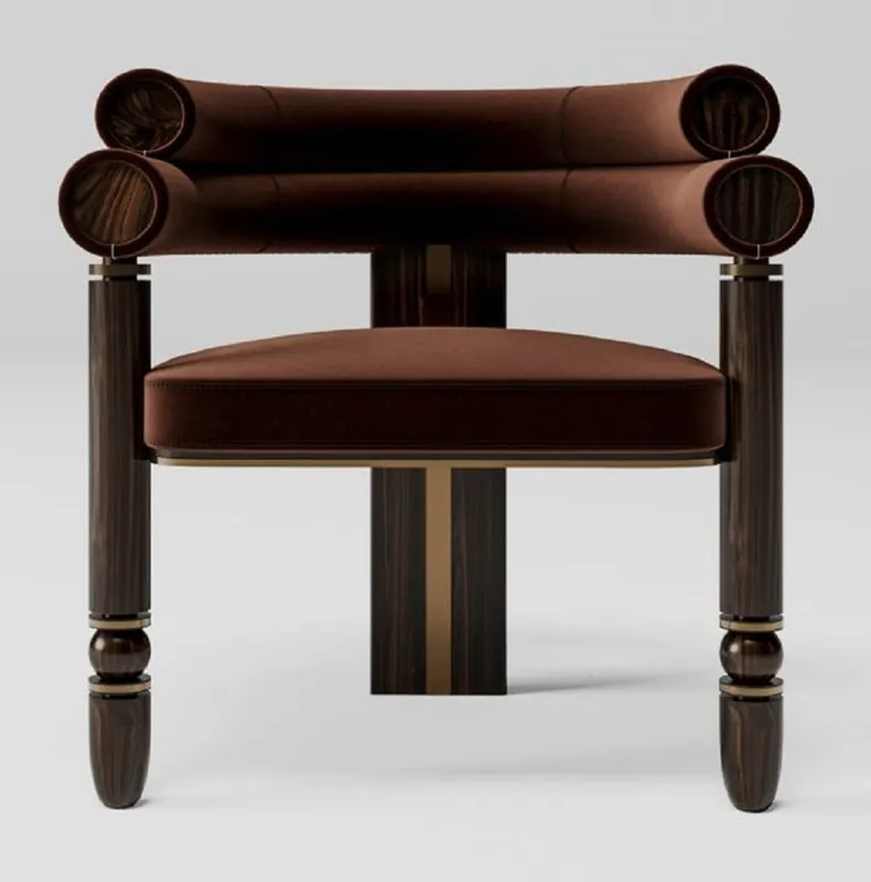 Casa Padrino Luxus Samt Esszimmer Stuhl mit Armlehnen Braun / Dunkelbraun / Messing 69 x 63 x H. 72 cm - Küchen Stuhl mit edlem Samtstoff - Esszimmer Möbel - Luxus Möbel Neu Im Sortiment