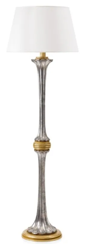 Casa Padrino Luxus Barock Stehleuchte Antik Silber / Antik Gold / Weiß Ø 32 x H. 149,5 cm - Prunkvolle Barockstil Stehlampe mit rundem Lampenschirm - Luxus Qualität - Made in Italy Geprüft