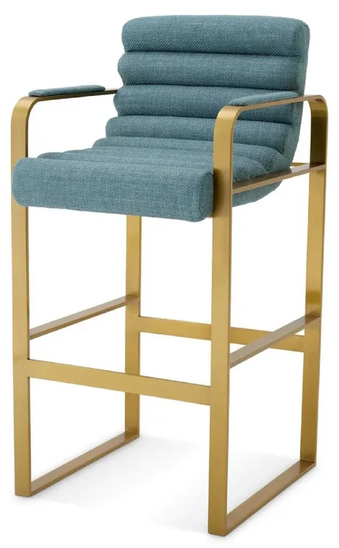 Must-Have Casa Padrino Luxus Barstuhl mit Armlehnen Blau / Messing 53,5 x 57,5 x H. 107 cm - Gepolsterter Edelstahl Barhocker - Bar Möbel - Luxus Möbel - Luxus Qualität
