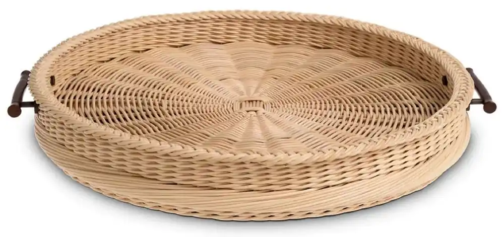 Casa Padrino Luxus Serviertablett Naturfarben / Braun Ø 63 x H. 9 cm - Rundes Rattan Tablett mit 2 Tragegriffen - Gastronomie & Restaurant Accessoires - Luxus Accessoires Neue Ware