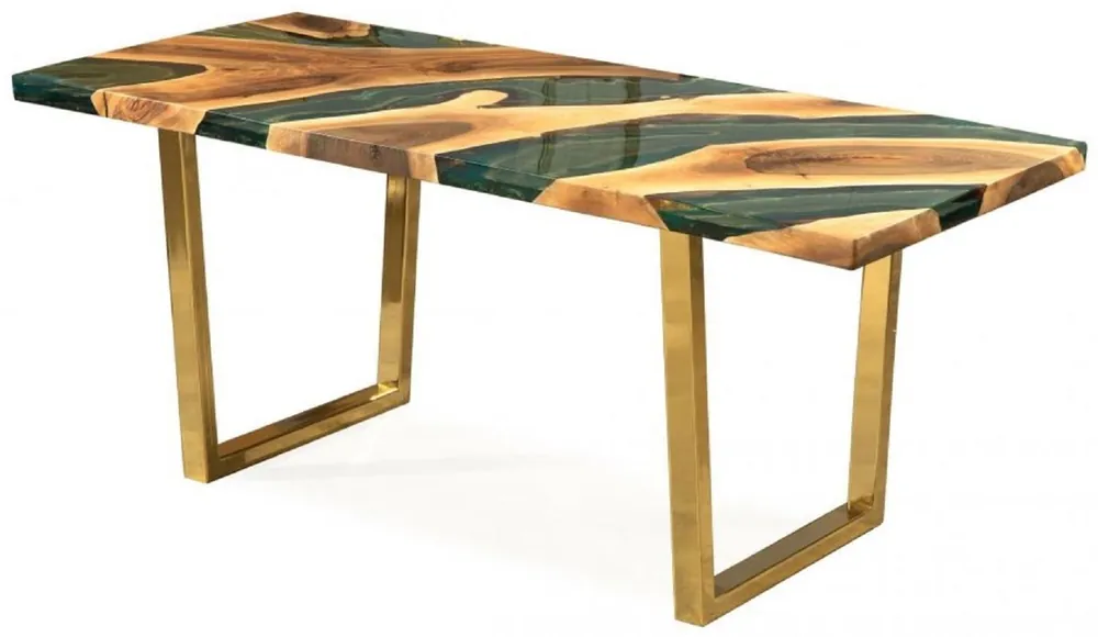 Preisreduziert Casa Padrino Luxus Esstisch Naturfarben / Braun / Grün / Gold 160 x 80 x H. 76 cm - Rechteckiger Küchentisch mit Epoxiharz - Esszimmer Möbel - Epoxiharz Möbel - Luxus Möbel