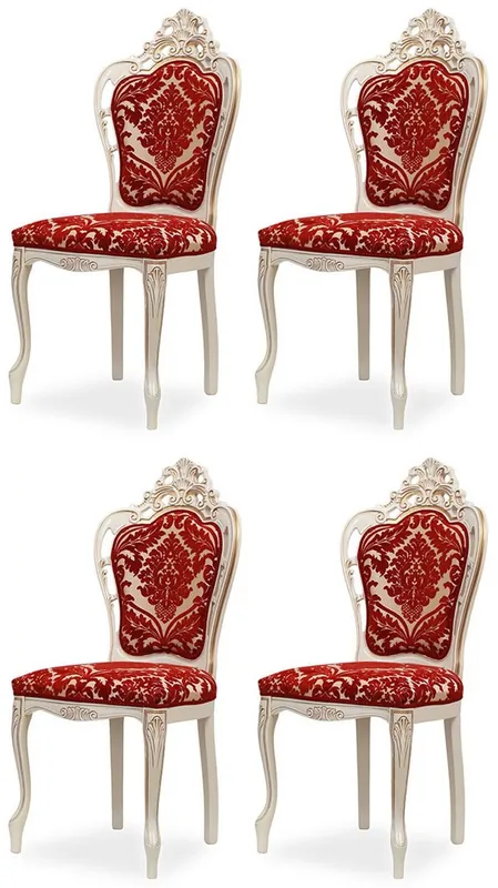 Casa Padrino Luxus Barock Esszimmer Stuhl 4er Set mit elegantem Muster Rot / Weiß / Beige / Gold - Barockstil Küchen Stühle - Prunkvolle Luxus Esszimmer Möbel im Barockstil - Edel & Prunkvoll Wochenendangebot
