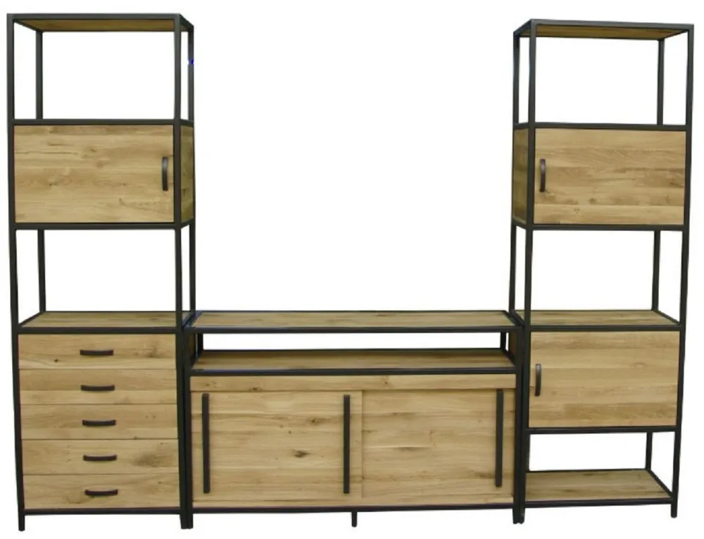 Casa Padrino Luxus TV Schrank Naturfarben / Schwarz 300 x 45 x H. 212,5 cm - 3 teiliger Wohnzimmer Schrank - Wohnzimmer Möbel - Luxus Möbel Top-Seller