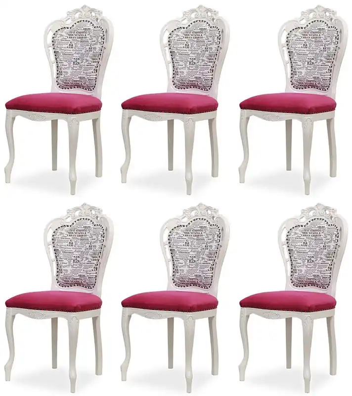 Casa Padrino Luxus Barock Esszimmer Stuhl 6er Set Dunkelrosa / Schwarz / Weiß - Barockstil Küchen Stühle - Prunkvolle Luxus Esszimmer Möbel im Barockstil - Edel & Prunkvoll Zertifiziert