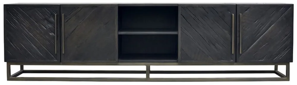 Sichere Zahlung Casa Padrino Luxus Massivholz TV Schrank Schwarz / Messing 220 x 43 x H. 60 cm - Rustikales Eichenholz Wohnzimmer Sideboard mit 4 Türen - Rustikale Luxus Massivholz Wohnzimmer Möbel