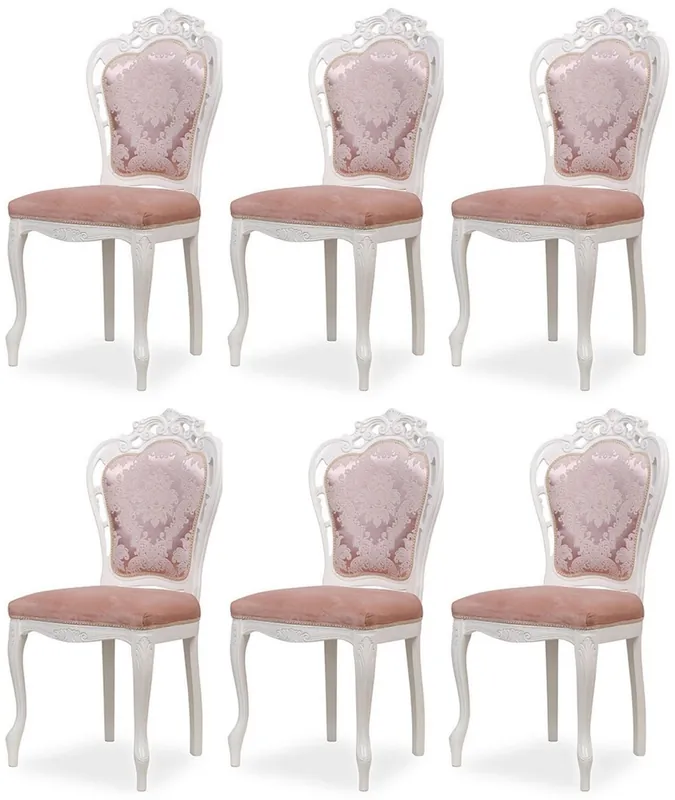 Casa Padrino Luxus Barock Esszimmer Stuhl 6er Set mit elegantem Muster Rosa / Weiß - Barockstil Küchen Stühle - Prunkvolle Luxus Esszimmer Möbel im Barockstil - Edel & Prunkvoll Garantierte Lieferung