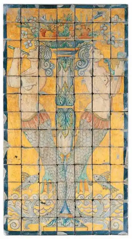 Casa Padrino Luxus Barock Deko Wandgemälde Meerjungfrauen Mehrfarbig 70 x H. 130 cm - Handgefertigte & Handbemalte Naturstein Mosaik Fliesen - Barock Wanddeko - Edel & Prunkvoll Nur Für Kurze Zeit