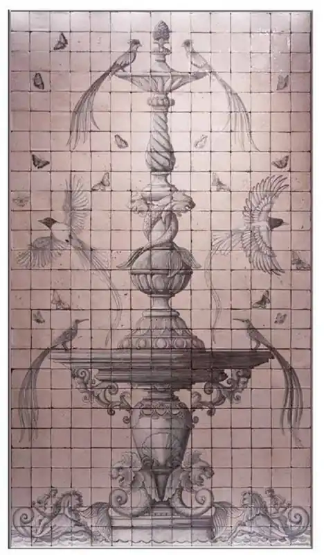 Garantierte Lieferung Casa Padrino Luxus Barock Deko Wandgemälde Brunnen & Vögel Rosa / Grau 155 x H. 280 cm - Handgefertigte & Handbemalte Naturstein Mosaik Fliesen - Barock Wanddeko - Edel & Prunkvoll