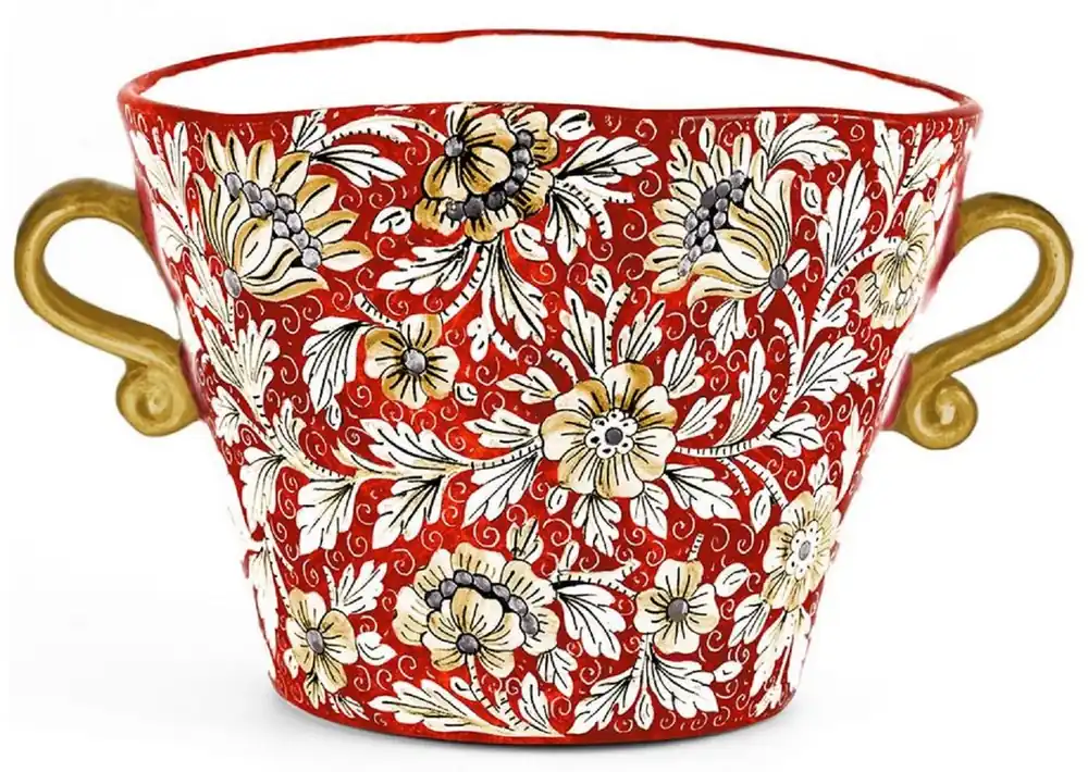 Versand Am Gleichen Tag Casa Padrino Luxus Keramik Blumentopf mit 2 Tragegriffen Rot / Mehrfarbig Ø 27 x H. 20 cm - Handgefertigter & handbemalter Keramik Pflanzentopf - Luxus Qualität - Made in Italy