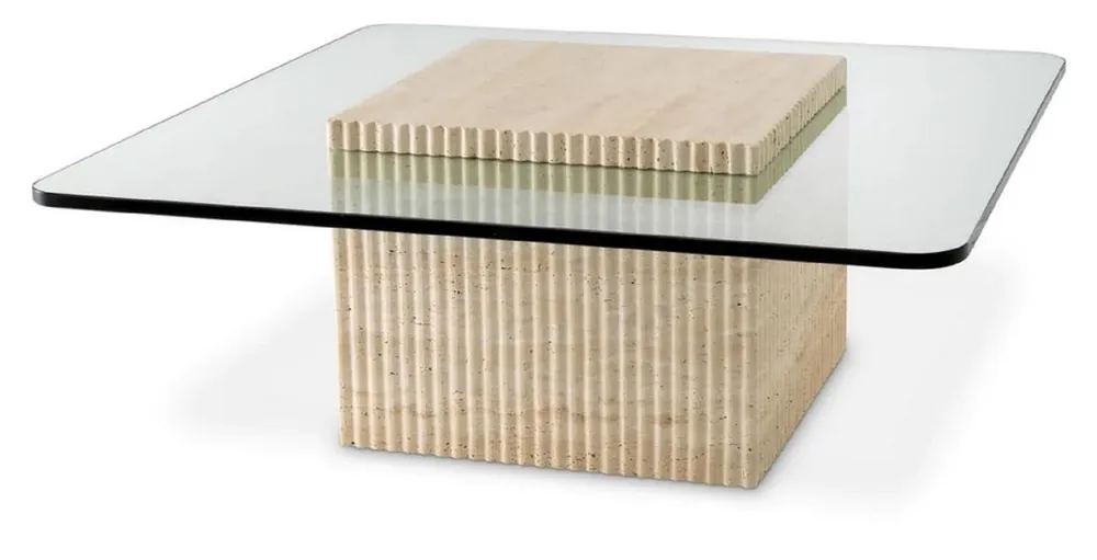 Casa Padrino Luxus Travertin Couchtisch Beige 90 x 90 x H. 35 cm - Quadratischer Naturstein Wohnzimmertisch mit Glasplatte - Wohnzimmer Möbel - Luxus Möbel - Luxus Einrichtung Sonderaktion