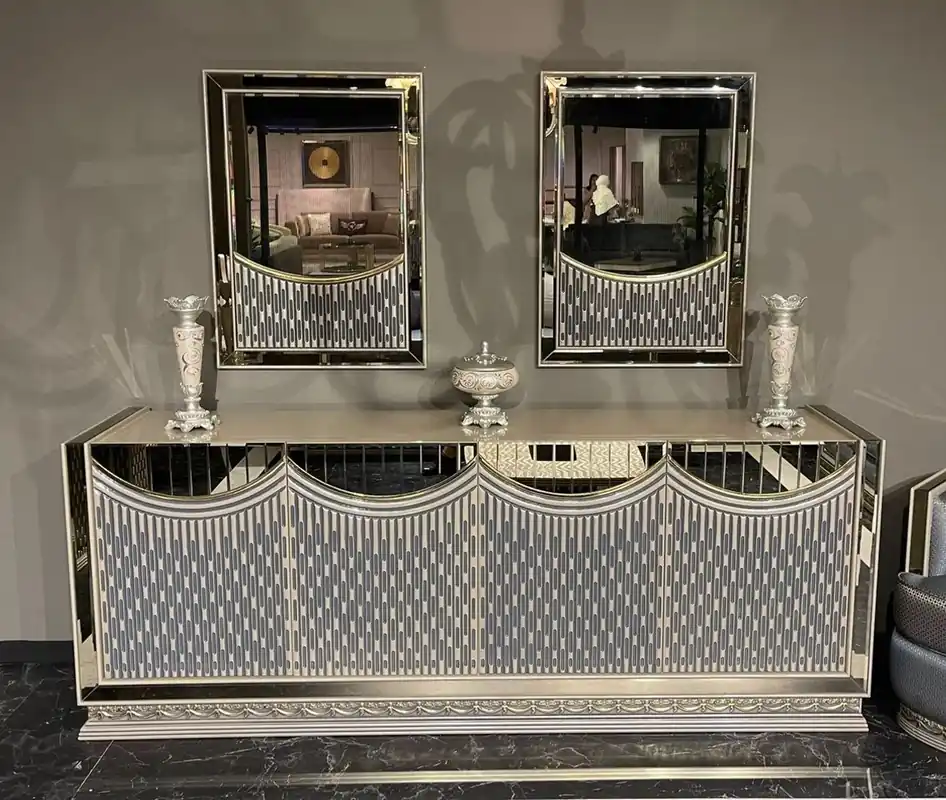 Casa Padrino Luxus Art Deco Sideboard mit Spiegel Creme / Gold - Luxus Art Deco Esszimmer Möbel - Edel & Prunkvoll Direkt Vom Hersteller