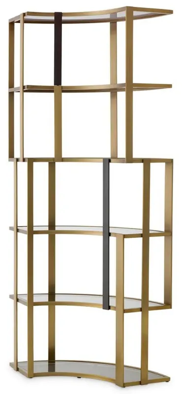 Markenware Casa Padrino Luxus Regalschrank Messing / Schwarz / Grau 115 x 37 x H. 240 cm - Gebogener Metall Schrank mit 6 Glasregalen - Wohnzimmer Möbel - Hotel Möbel - Luxus Möbel - Luxus Qualität