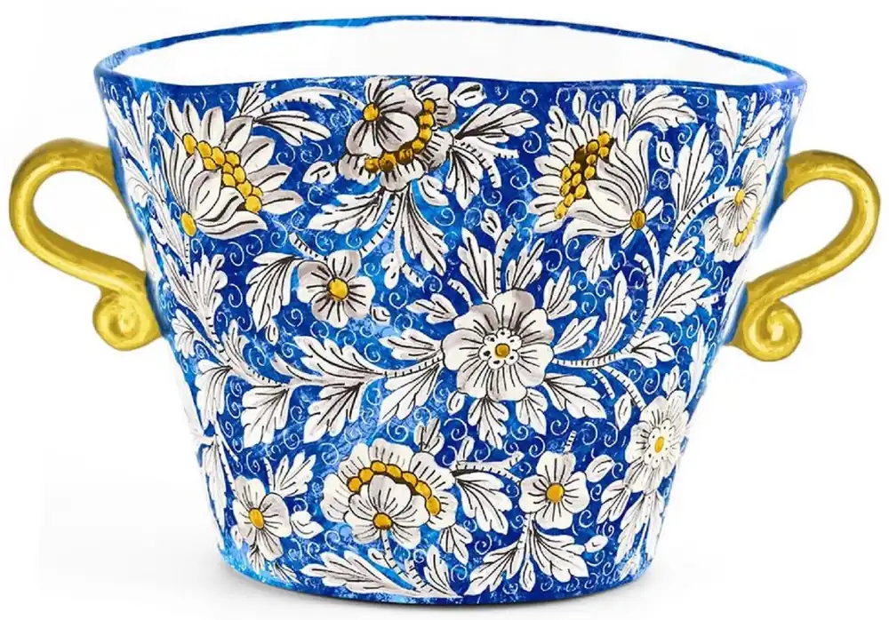 Casa Padrino Luxus Keramik Blumentopf mit 2 Tragegriffen Blau / Mehrfarbig Ø 27 x H. 20 cm - Handgefertigter & handbemalter Keramik Pflanzentopf - Luxus Qualität - Made in Italy Knallerangebot