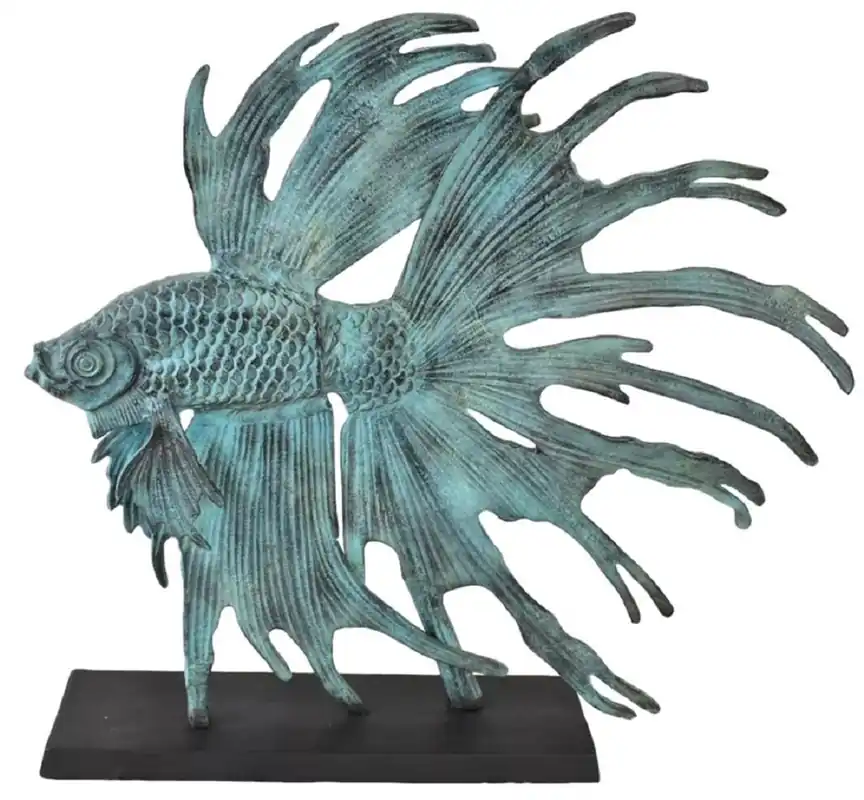 Top-Seller Casa Padrino Luxus Aluminium Deko Skulptur siamesischer Kampffisch Türkis / Schwarz 55 x 11,5 x H. 52,5 cm - Aluminium Deko Figur mit Holzsockel - Wohnzimmer Deko - Schreibtisch Deko