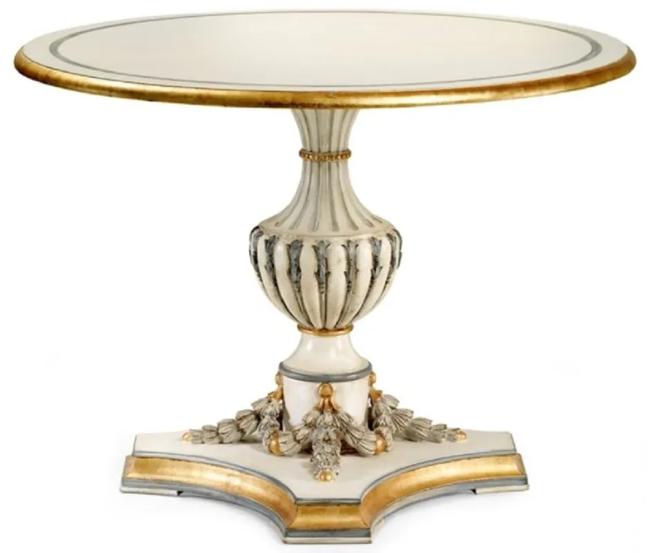 Wochenendangebot Casa Padrino Luxus Barock Esstisch Cremeweiß / Grau / Antik Gold - Runder Massivholz Esszimmertisch im Barockstil - Barock Esszimmer & Hotel Möbel - Luxus Qualität - Made in Italy