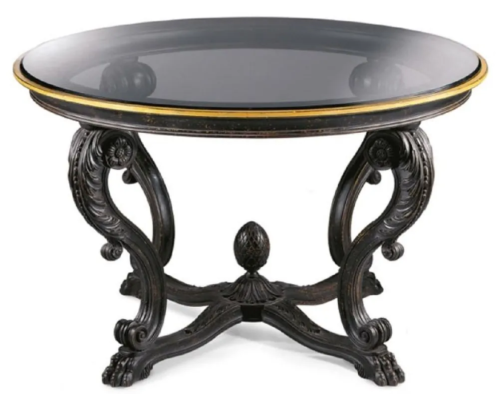 Casa Padrino Luxus Barock Esstisch Antik Schwarz / Antik Gold - Runder Barockstil Massivholz Esszimmertisch mit Glasplatte - Barock Esszimmer & Hotel Möbel - Luxus Qualität - Made in Italy Sichere Zahlung