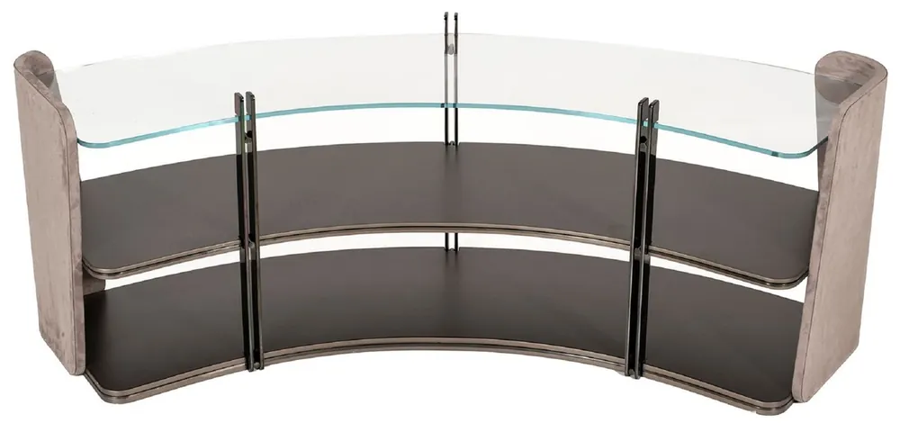 Expressversand Casa Padrino Luxus Regalschrank Grau / Dunkelbraun / Bronze 141,45 x 105,41 x H. 61,5 cm - Gebogener Schrank mit Glasplatte - Wohnzimmer Möbel - Hotel Möbel - Luxus Möbel