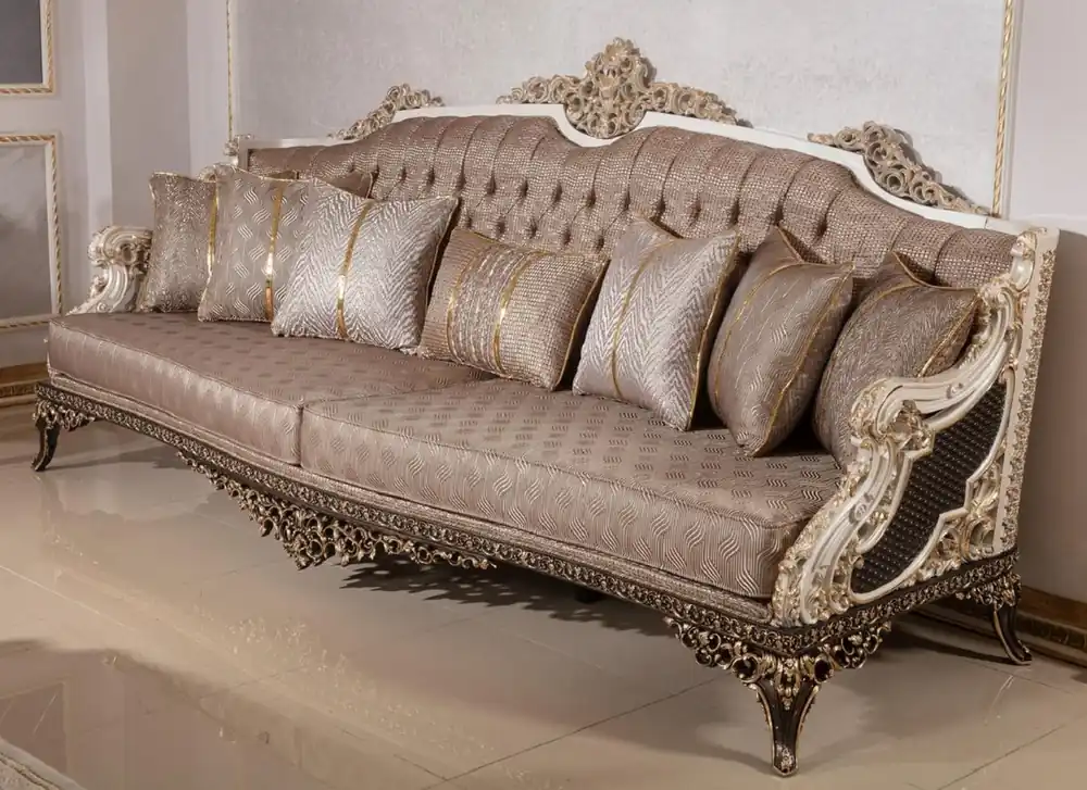 Abverkauf Casa Padrino Luxus Barock Sofa Grau / Weiß / Dunkelbraun / Gold 255 cm