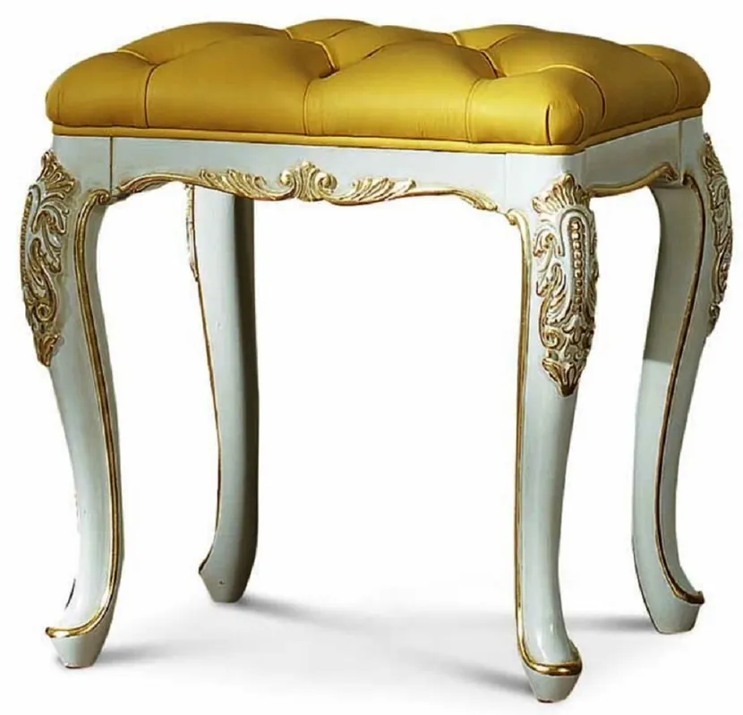 Casa Padrino Luxus Barock Leder Hocker Elfenbein / Gold H. 44 cm - Made in Italy Bestpreis