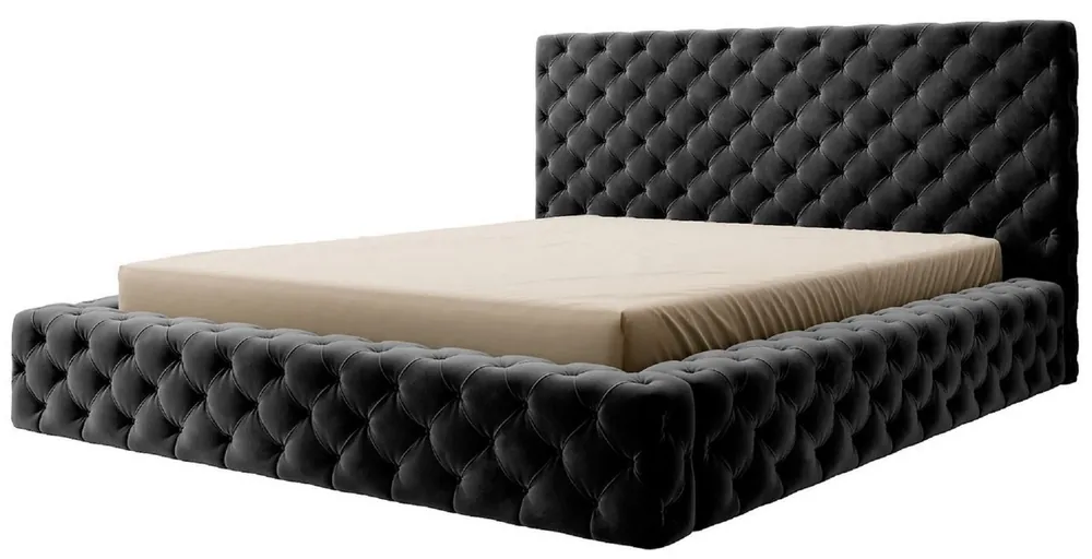 Casa Padrino Luxus Chesterfield Samt Doppelbett mit Matratze Schwarz - Verschiedene Größen Preisknaller