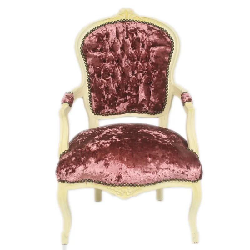 Casa Padrino Baroque Salon Chair Bordeaux Velor Fabric / Cream - Antique Design Furniture Ausverkauf