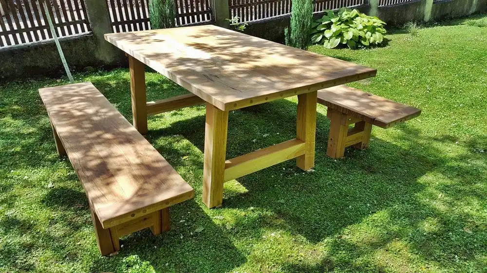 Preisreduziert Casa Padrino Garden furniture set - Rustic table + 2 garden benches (Length: 200 cm) - Oak solid wood - real wood furniture solid