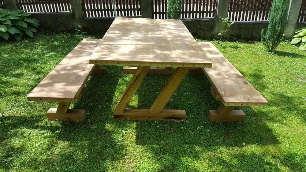 Jetzt Bestellen Casa Padrino Garden furniture set - Rustic table + 2 garden benches (Length: 200 cm) - Oak solid wood - real wood furniture solid - model Z