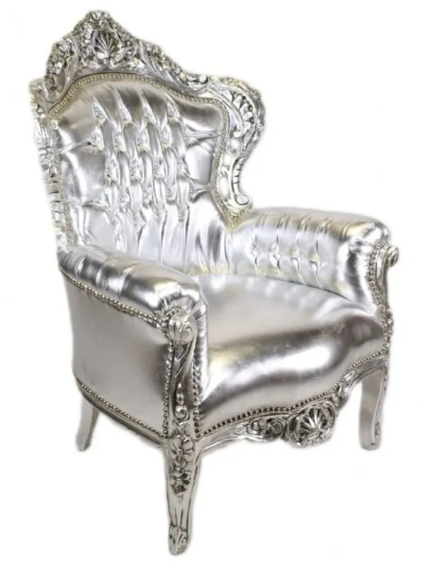 Highlight Casa Padrino Baroque Chair King Silver Leather Look with Bling Bling Sparkling Stones - Luxury Baroque Furniture